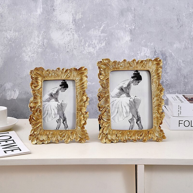 Vintage Gold Palm Leaf Pattern Photo Frame, Resin Horizontal & Vertical Display Picture Frame for Home Decoration, Family Photos and Photography Props4