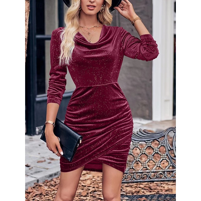 Women's Mini Dress Sheath Dress Elegant Party Cocktail Outdoor Party Wedding Guest Regular Fit Solid Color Long Sleeve Cowl Neck Black Wine Red Green Fall Winter3