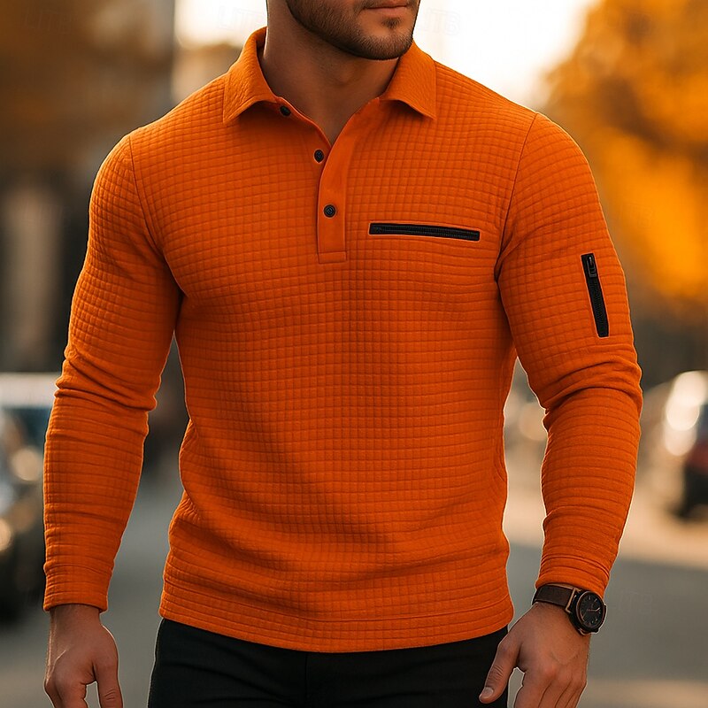 Men's Waffle Polo Shirts Casual Quarter Zip Long Sleeve Fashion Comfortable Solid Color Color Block Pocket Fall Spring &  Fall Regular Fit Black White Navy Blue Orange Waffle Polo Shirts