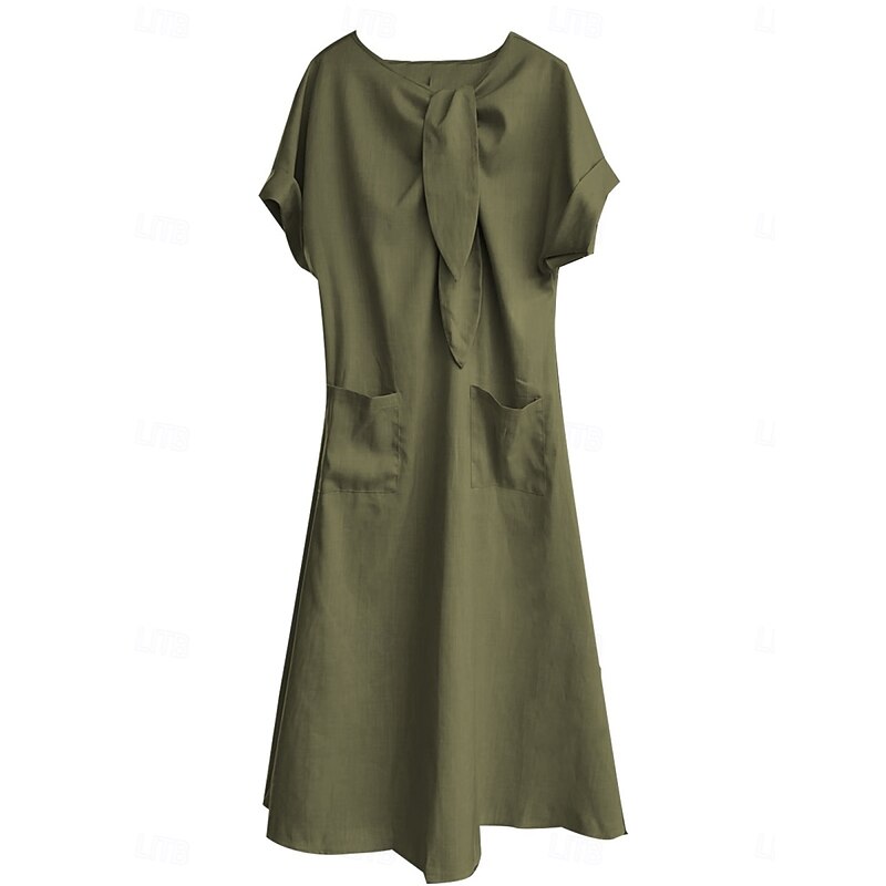 Women's Midi Dress A Line Dress Casual Daily Loose Fit Plain Short Sleeve Notched Neck Blue Brown Army Green Apricot Summer4