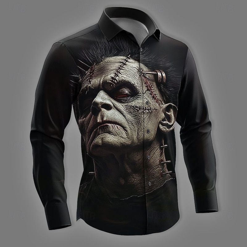 Halloween Men's Zombies Horror Shirt Button Up Shirt Long Sleeve Dark Gothic Style Holiday Streetwear Spring Fall Turndown 3D Print Collared Shirts Black 1 Black Black 23