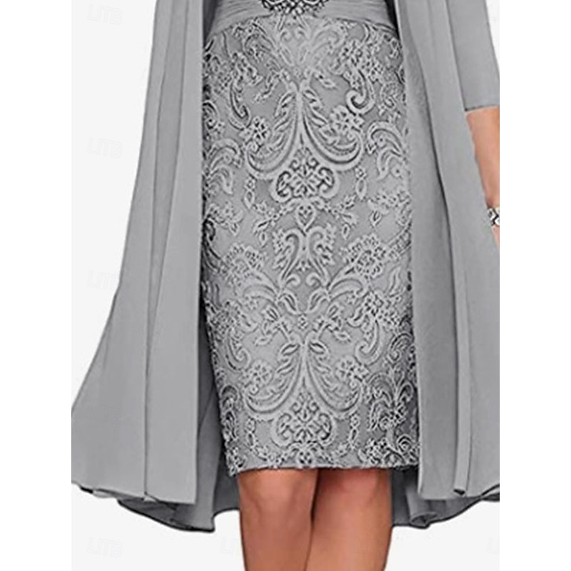 Dress SeMother of the Bride Dress Elegant Simple Crew Neck Knee Length Polyester Long Sleeve with Solid Color Graduation Dress4