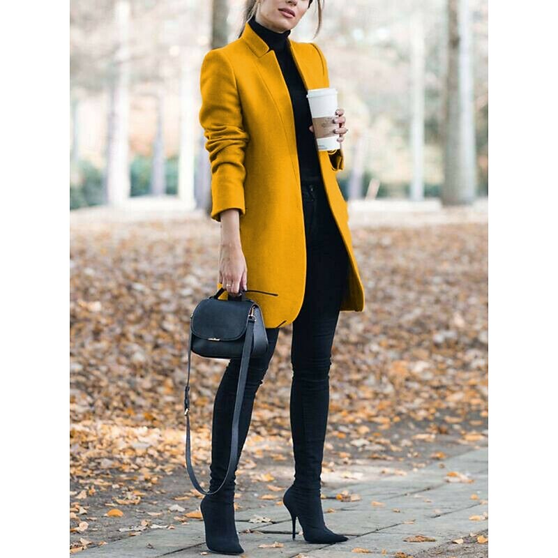 Women's Winter Jacket Warm Breathable Slim Fit Elegant Casual Plain Vacation Street Casual Daily Wear Open Front Long Stand Collar Regular Fit Long Sleeve Outerwear Yellow Brown Khaki Fall Winter4