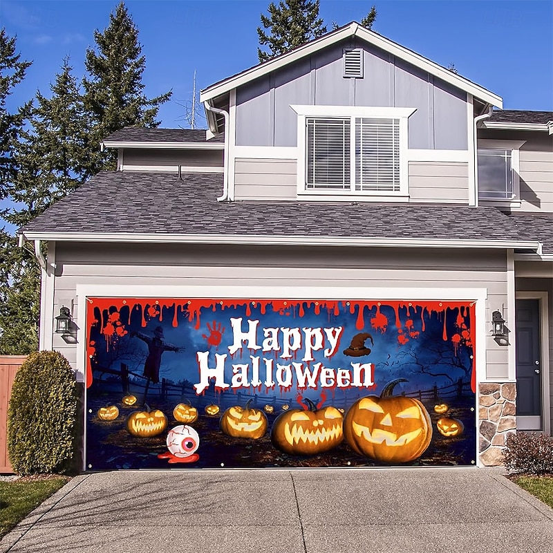 Halloween Garage Door Cover Large Hanging Backdrop Pumpkin Bloodstains 3D Dark Punk Gothic Style Party Outdoor Shooting Backgrounds Yard Haunted House Home Decor2