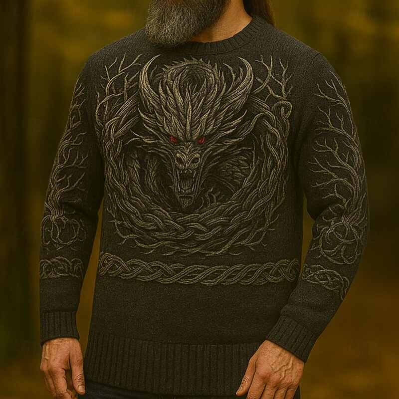 Men's Animal Dragon Viking Pullover Sweater Jumper Knitwear Crewneck Retro Vintage Casual Vacation Daily 3D Print Keep Warm Long Sleeve Spring Fall Winter Dark Brown Black2