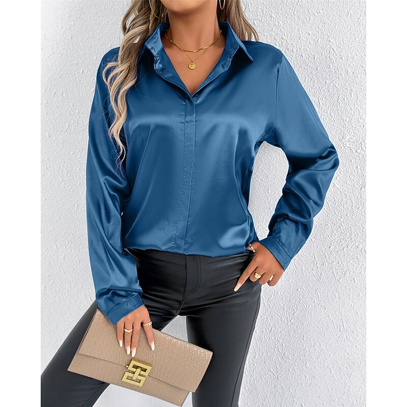 Women's Shirt Elegant Dressy Satin Solid Color Elegant Stylish Basic Long Sleeve Shirt Collar Regular Tops Daily Going out Buttons Red Navy Blue Royal Blue Spring Fall2