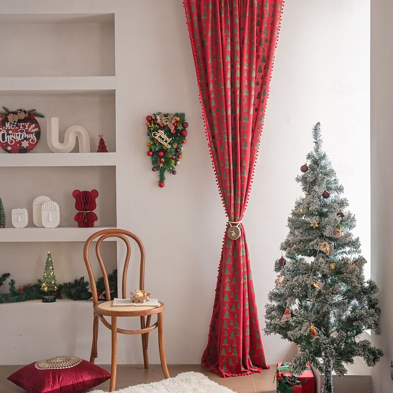 Red Christmas Window Curtain with Gold Foil Xmas Tree, Semi-Blackout Kitchen and Small Window Drapes, Balcony and Bay Window Decoration3