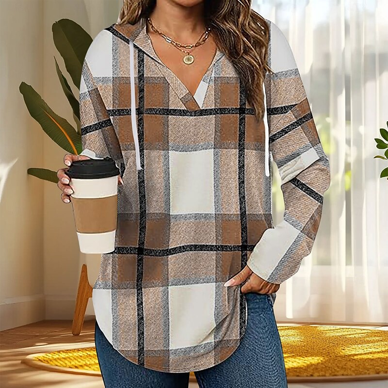 Women's Boho Shirt Blouse Plaid Stylish Retro Vintage Casual Long Sleeve V Neck Regular Tops Work Daily Holiday Drawstring Red Navy Blue Green Khaki Light Blue Spring Fall Winter2