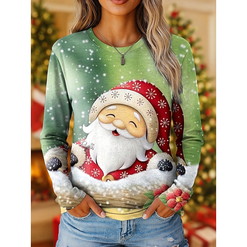 Christmas Women's T Shirt Graphic Santa Claus Vintage Fashion Stylish Long Sleeve Crew Neck Regular Tops Daily Weekend Print White Blue Green Gray Spring Fall Winter