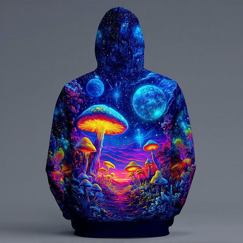 Men's Optical Illusion Mushroom Hoodie Sweatshirt Fashion Cool Crew Neck Home Party Streetwear Black Blue Drawstring Fall Winter Designer2