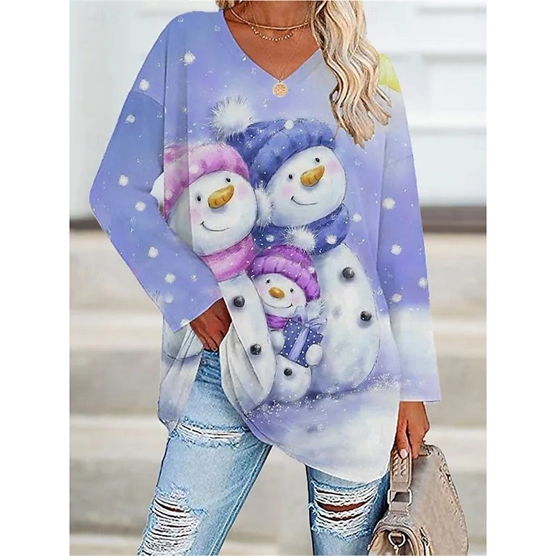 Christmas Women's Blouse Snowman Snowflake Stylish Beach Long Sleeve V Neck Regular Tops Daily Print White Navy Blue Purple Green Gray Spring Fall Winter