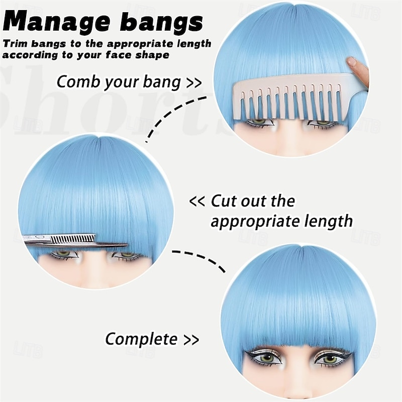 Blue Bob Wig With Bangs Short Straight Bob Bangs Wig 12Inch Synthetic Hair Natural Looking For Daily Party Use # Baby Blue2