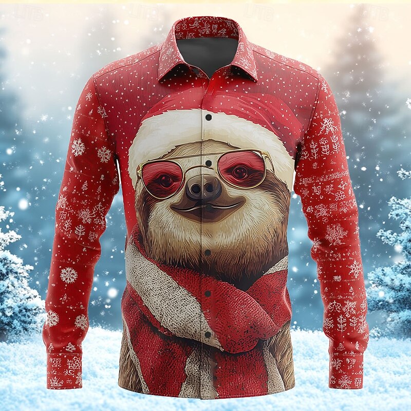 Christmas Men's Animal Fox Sloth Shirt Button Up Shirt Long Sleeve Funny Outdoor Holiday Spring Fall Turndown 3D Print Collared Shirts Red 1 Red Khaki Light Blue