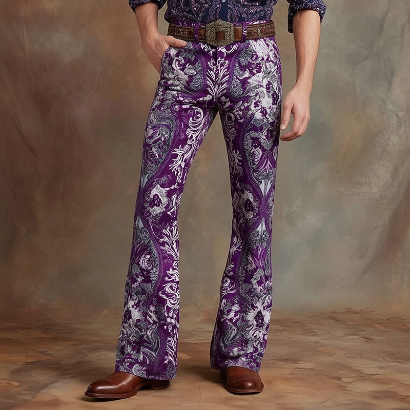 Men's Paisley Floral Print Ethnic Disco Pants 60s 70s Bell Bottoms Mid Waist Western Vintage Retro Outdoor Vacation Casual Side Pockets Flared Leg Pants Trousers Spring Fall 3D Print Yellow Blue4