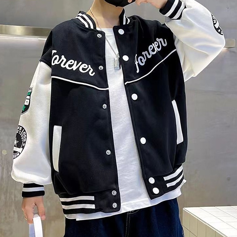 Kids Unisex Baseball Jackets Outerwear Color Block Long Sleeve Comfort Buttons Soft Coat Outdoor Fashion Daily Black Green Spring Fall 4 years+2