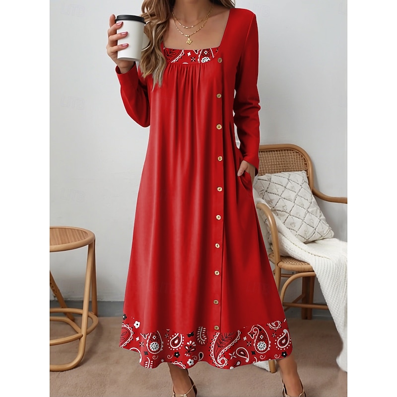 Women's Midi Dress Shift Dress Casual Daily Loose Fit Graphic Geometric Long Sleeve Square Neck Black Red Blue Spring Fall Winter4