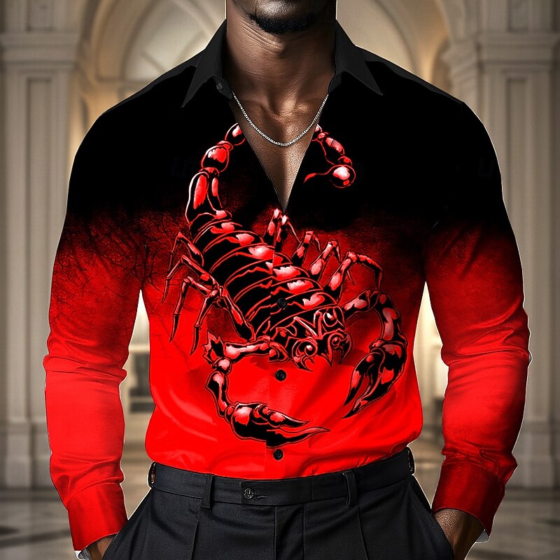 Men's Gradient Color Scorpion Shirt Satin Shirt Dress Shirt Long Sleeve Vintage Retro Vacation Dailywear Summer Spring Fall Turndown 3D Print Button Up Shirts Red Blue Green3