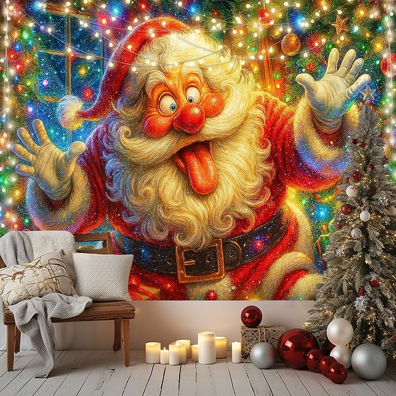 Christmas Wall Tapestry Backdrop, Colorful Santa Claus with Lights Wall Hanging, 2025 Xmas Holiday Decoration for Bedroom, Living Room, Party, Outdoor Decoration4