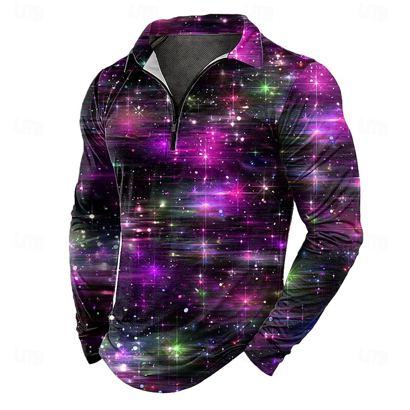 Men's Space Zip Polo Shirts Long Sleeve Polo Shirts Lapel Casual Outdoor Daily Wear 3D Print Fall Winter Blue Purple Orange3