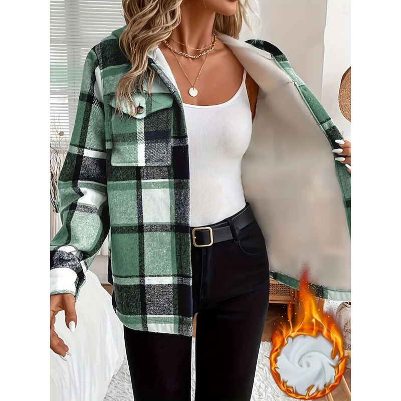 Women's Sherpa Jacket Comfortable Breathable Pocket Print Casual Plaid Vacation Street Daily Wear Going out Single Breasted Regular Hoodie Regular Fit Long Sleeve Outerwear Red Green Khaki Spring Fall - Main Image