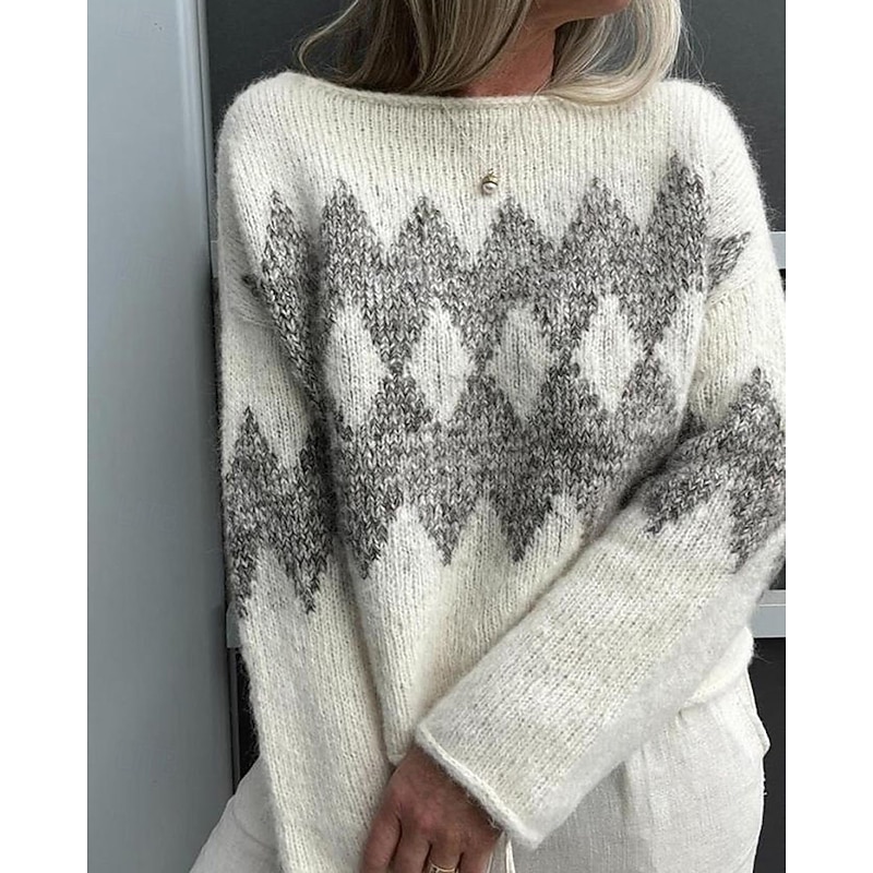 Women's Sweater Pullover Streetwear Casual Argyle Crew Neck Knitted Long Sleeve Regular Tops Knit Daily Holiday Going out Beige Fall Winter