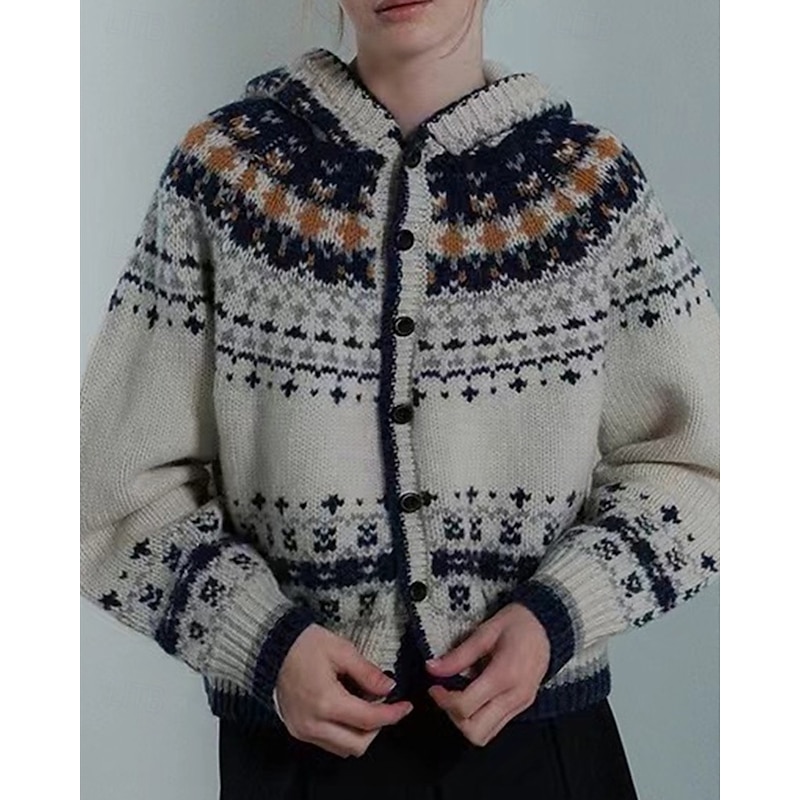 Women's Sweater Cardigan Fair Isle Sweater Vintage Fashion Casual Geometric Ribbed Hooded Buttons Knitted Print Long Sleeve Regular Tops Knit Christmas Outdoor Daily Gray Fall Winter
