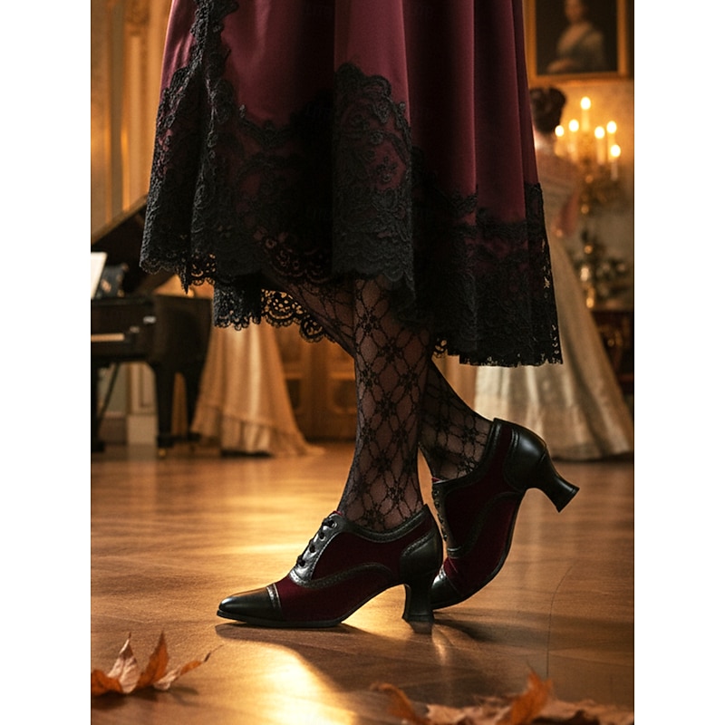 Women's 1920s Edwardian Lace-Up Kitten Heel Oxford Shoes – Vintage Two-Tone Velvet and Faux Leather Brogue Pumps for Gatsby Party and Formal Wear4