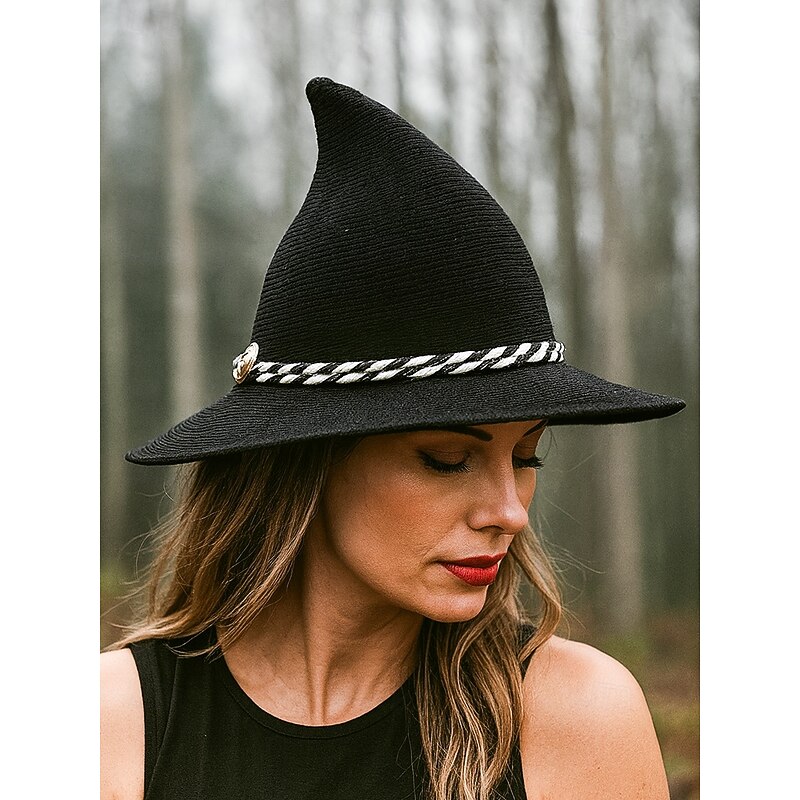 Women's Halloween Witch Hat, Vintage Pointed Wide Brim Hat with Rope Band, Gothic Costume Accessory for Cosplay and Parties