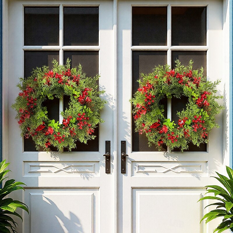 Christmas Wreath for Front Door, Indoor & Outdoor Decoration, Artificial Eucalyptus with Red Berries and Pine Needle Garland, Holiday Hanging Decor for Wall, Door, and Window2