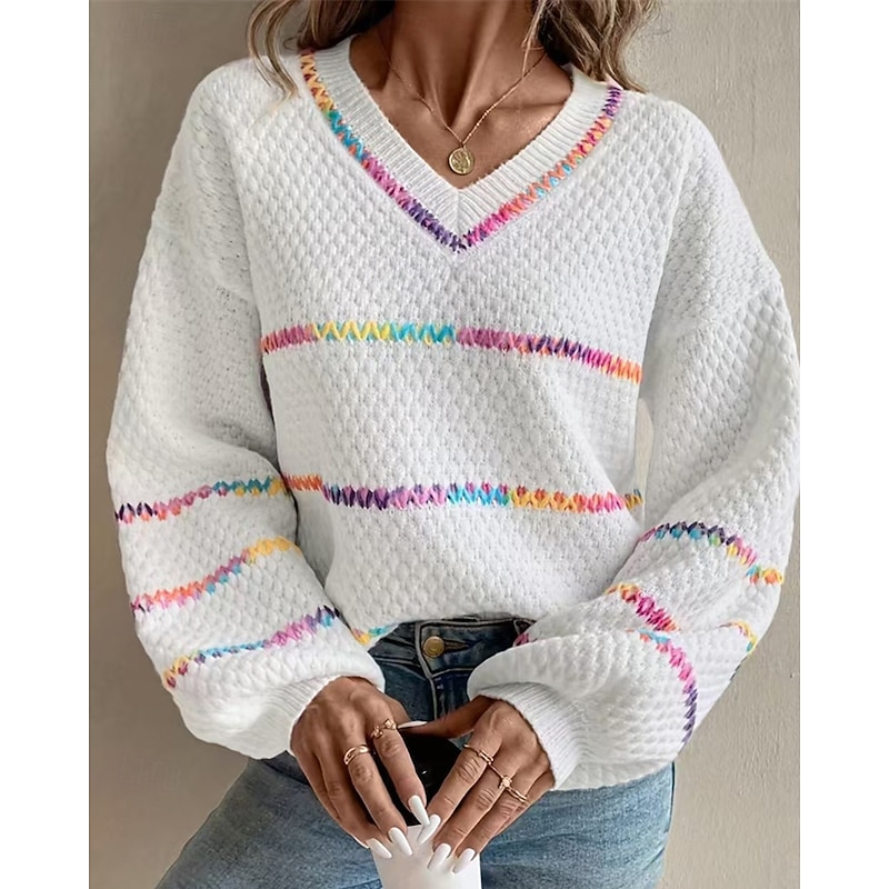 Women's Sweater Pullover Daily Stylish Casual Striped Ribbed V Neck Knitted Long Sleeve Regular Tops Knit Daily Holiday Going out Black White Fall Winter