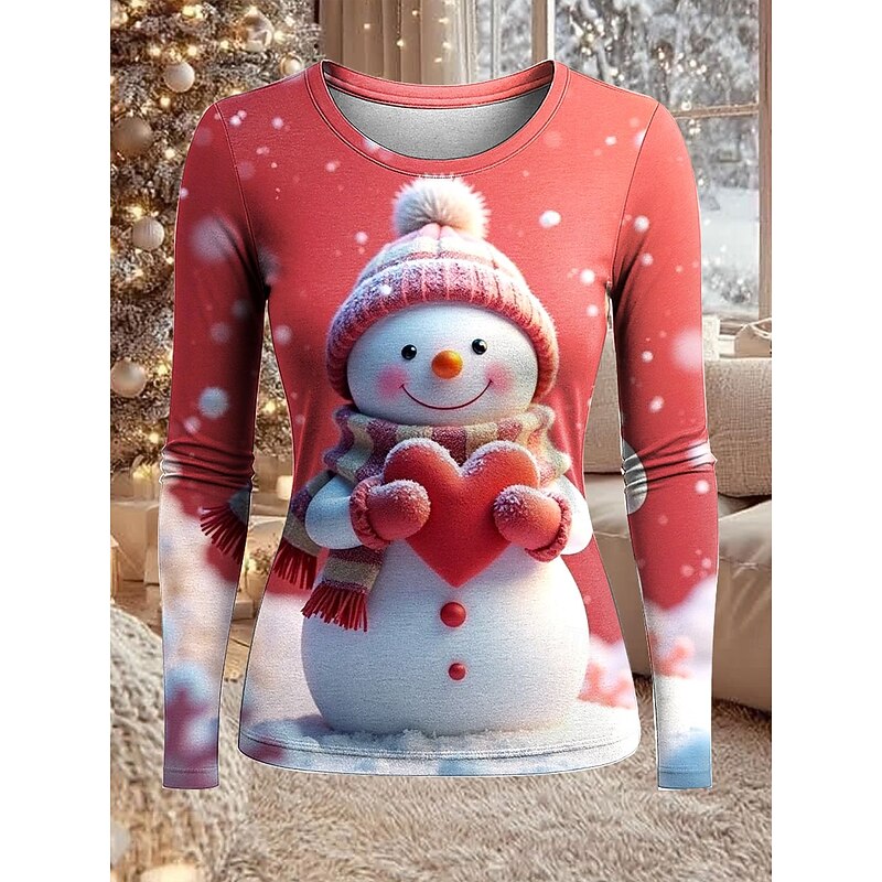 Christmas Women's T Shirt Graphic Snowman Fashion Casual Long Sleeve Crew Neck Regular Tops Daily Weekend Print White Pink Red Gray Spring Fall Winter3