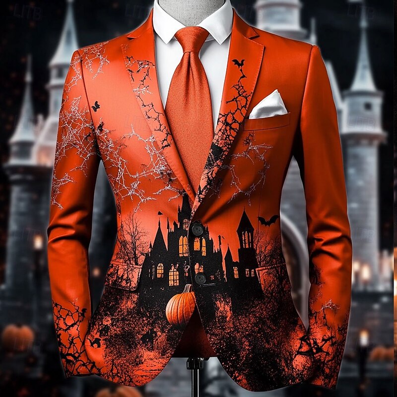 Men's Pumpkin Castle Blazer Jacket Comfortable Artistic Casual Party Evening Wear Daily Festival 3D Print Buttons Multi Pocket Spring Fall & Winter Notch Long Sleeve Red Purple Orange