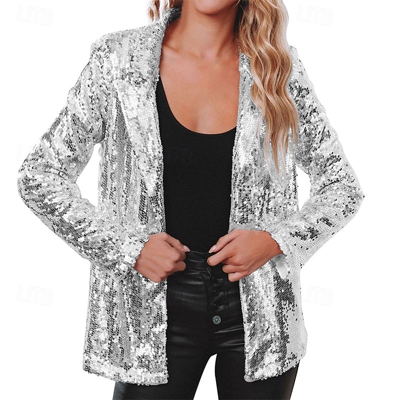 Women's Shirt Jacket Blazer Comfortable Breathable Sequin Fashion Daily Plain Outdoor Casual Daily Regular Lapel Regular Fit Long Sleeve Outerwear Silver Black Wine Spring Fall4