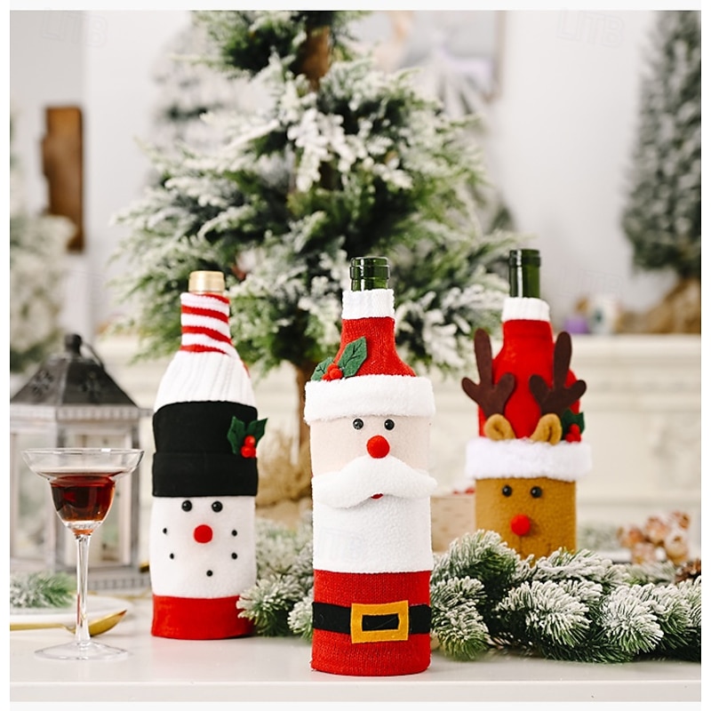 3pcs Christmas Knitted Plush Wine Bottle Covers Creative Cartoon Santa & Reindeer Wine Bags, Festive Holiday Table Decoration & Gift Wrap4