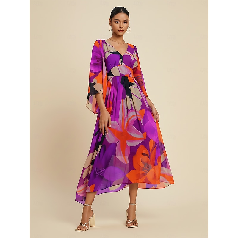 Women's Chiffon Abstract Floral Print Maxi Dress Sheer Flowing Fabric Casual Vacation Beach Resort Spring Summer Fall4