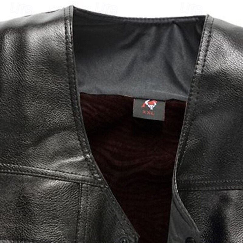Men's Vest Gilet Outdoor Daily Fashion Casual Spring Fall Pocket Buttons Faux Leather Comfortable Plain Single Breasted One-button V Neck Regular Fit Black Vest2