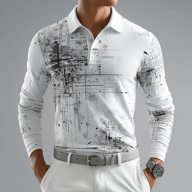 Men's Geometric Abstract Polo Long Sleeve Polo Shirts Lapel Casual Outdoor Street Athleisure Daily Wear 3D Print Buttons Spring Fall Winter White Yellow Blue2