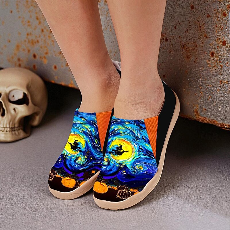 Women's Orange Wide Width Slip-On Shoes with Ghost and Pumpkin Print – Casual Shoes for Queens of Halloween October Birthday, Walking and Travel2