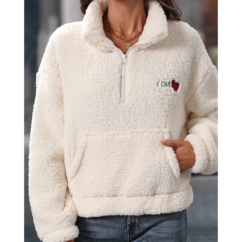 Women's Fleece Lined Pullover Sweatshirt Pajamas Pullover Sweatshirt Plain Casual Long Sleeve Turtleneck Regular Tops Street Holiday Going out Half Zipper Quarter Zipper Zipper Pocket Black White