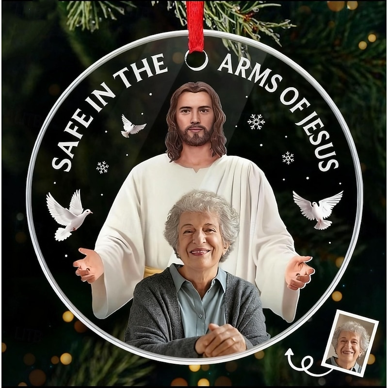 Personalized Christmas Photo Ornaments Custom Memorial Safe In The Arms Of Jesus Acrylic 2D Decor Christmas Tree Xmas Decoration Hanging Pendant Sympathy Gifts For Loss Of Mom Dad - Your Spirit Shine
