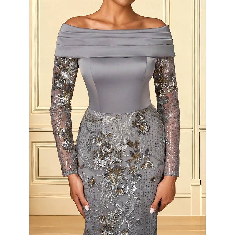 Mermaid / Trumpet Evening Gown Elegant Formal Dress Formal Wedding Sweep / Brush Train Long Sleeve Off Shoulder Satin with Glitter 20253