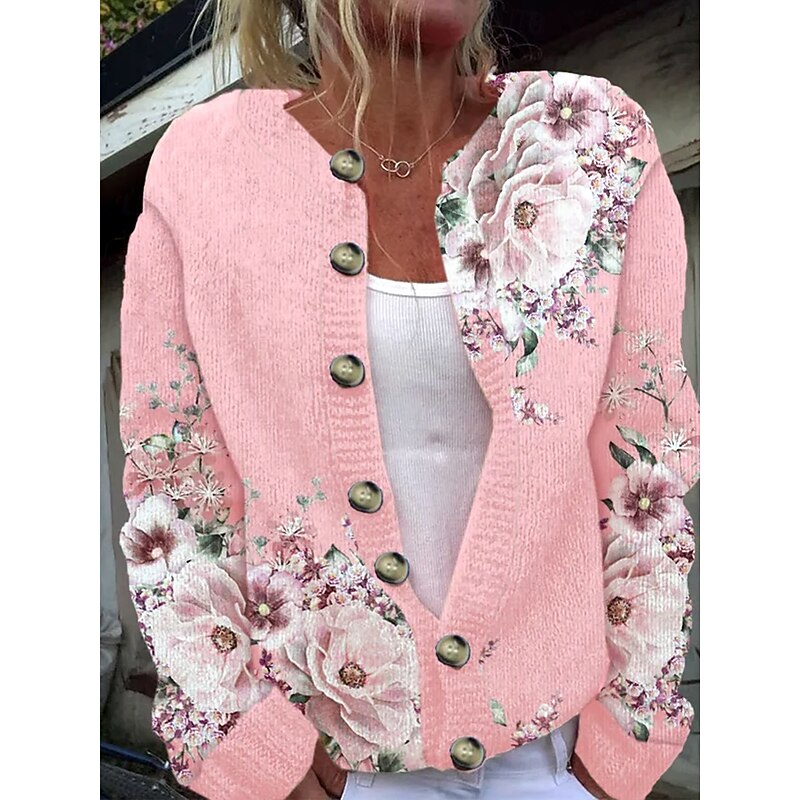 Women's Cardigan Daily Floral Graphic Ribbed Crew Neck Floral Buttons Print Long Sleeve Regular Tops Knit Outdoor Weekend Pink Spring Fall