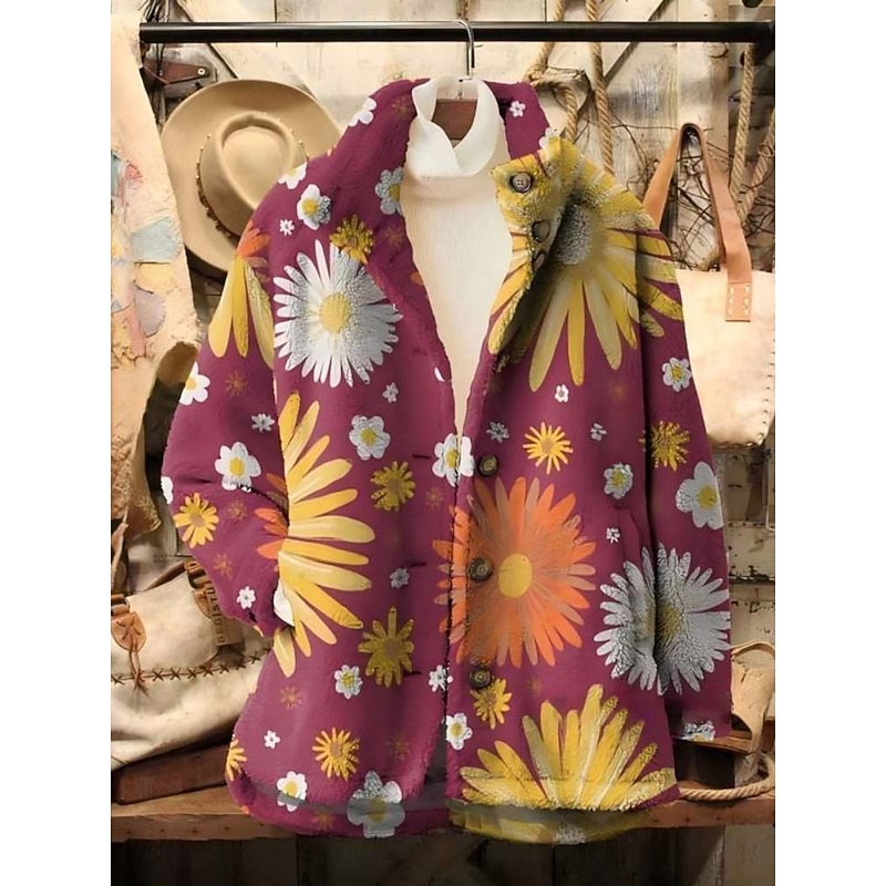 Women's Winter Coat Sherpa Jacket Comfortable Breathable Print Casual Floral Vacation Street Casual Daily Wear Zipper Regular Turndown Loose Fit Long Sleeve Outerwear Pink Wine Navy Blue Spring Fall4