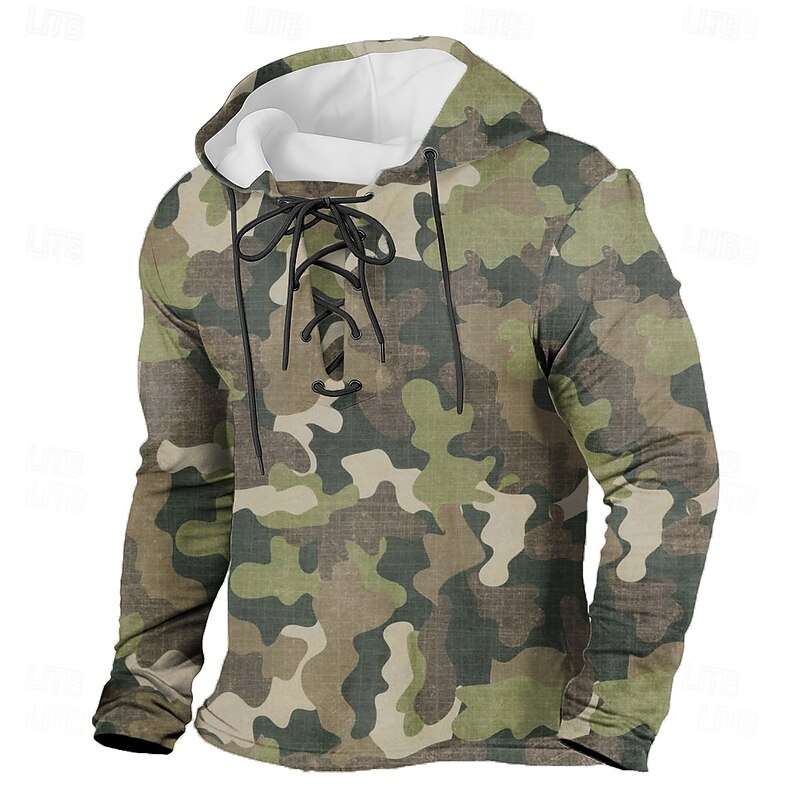 Men's Camo Camouflage Hoodie Sweatshirt Tactical Hooded Outdoor Hunting Blue Green Drawstring Fall Winter Designer