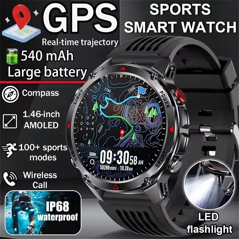 HT37 Smart Watch 1.46 inch Smartwatch Military Bluetooth Call Smart Watch Built-in GPS Compass Barometric Altimeter 3ATM Waterproof Sports Smartwatches