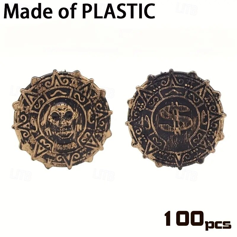 100pcs Golden Pirate Coins Set Plastic Treasure Chest Decor No Electricity Needed Ideal for Halloween Birthday Pirate Themed Parties2