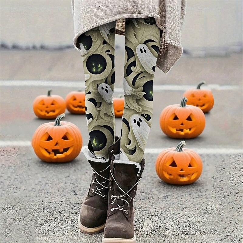 Women's Leggings Cozy Leggings Vacation Vintage Basic Full Length High WaistPantsHalloween Graphic Printing Thermal Warm Comfortable High Elasticity Vacation Casual Daily off-white Fall Winter Slim