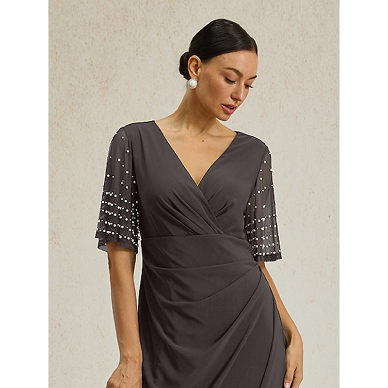 Women's Maxi Dress Sheath Dress Elegant Solid Color Short Sleeve V Neck Dark Gray Summer Spring Fall3