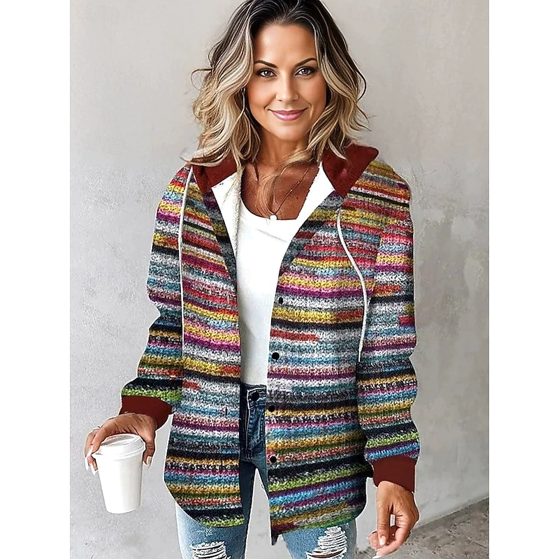 Women's Pullover Hoodie Sweatshirt Graphic Geometric Striped Casual Boho Long Sleeve Hooded Regular Tops Street Dailywear Casual Print Maroon Brown Gray Fall Winter2