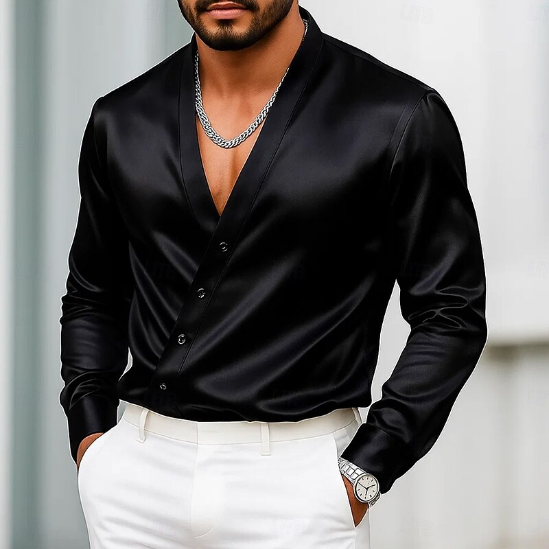 Men's Shirt Satin Shirt Dress Shirt Casual Shirt Button Up Shirt Prom Shirt Plain Formal Wedding Black White Royal Blue Gold Long Sleeve V Neck All Seasons Clothing Apparel Plain3